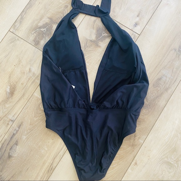 New Gianni Bini Black Halter One Piece Deep V Neck Swimsuit Bathing Suit L - Picture 5 of 6